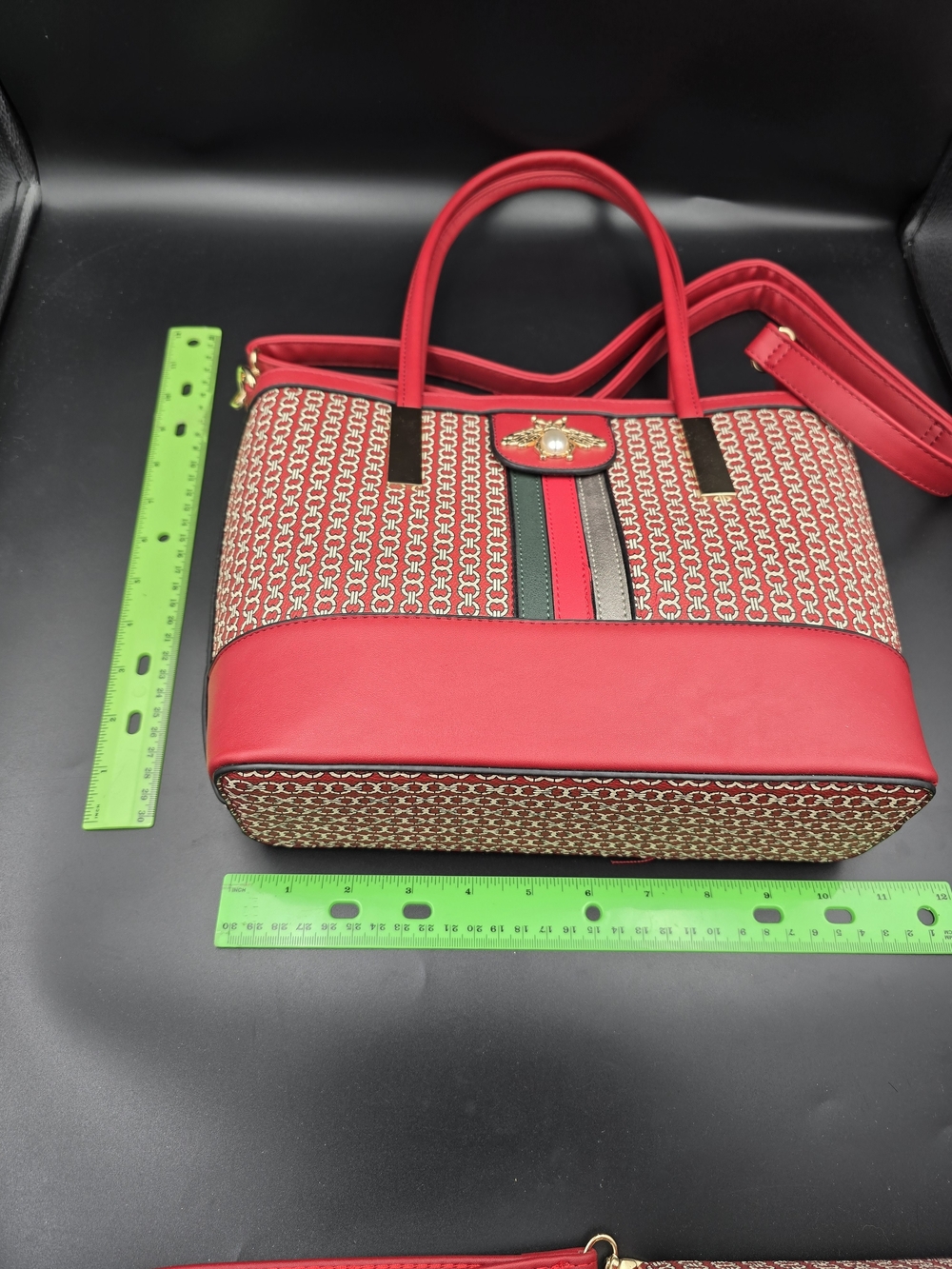 Red Patterned Women’s Satchel with Gold Accent